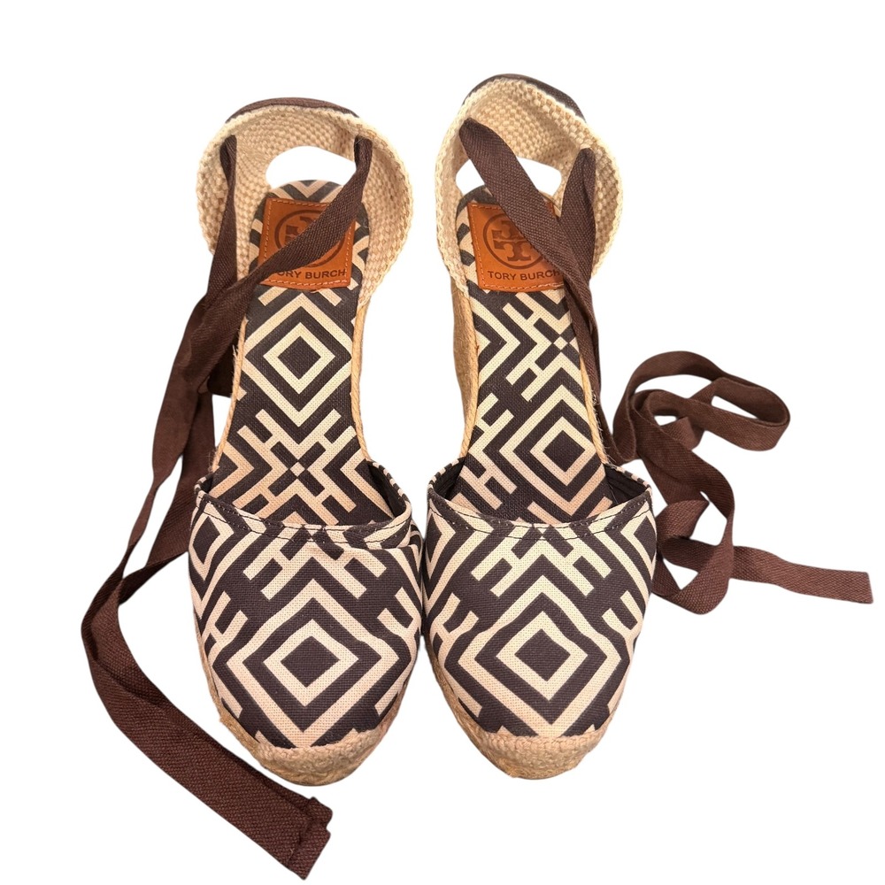 Tory Burch Wedge Espadrille Lace Up Ankle Strap 38 Geometric Canvas Resortwear